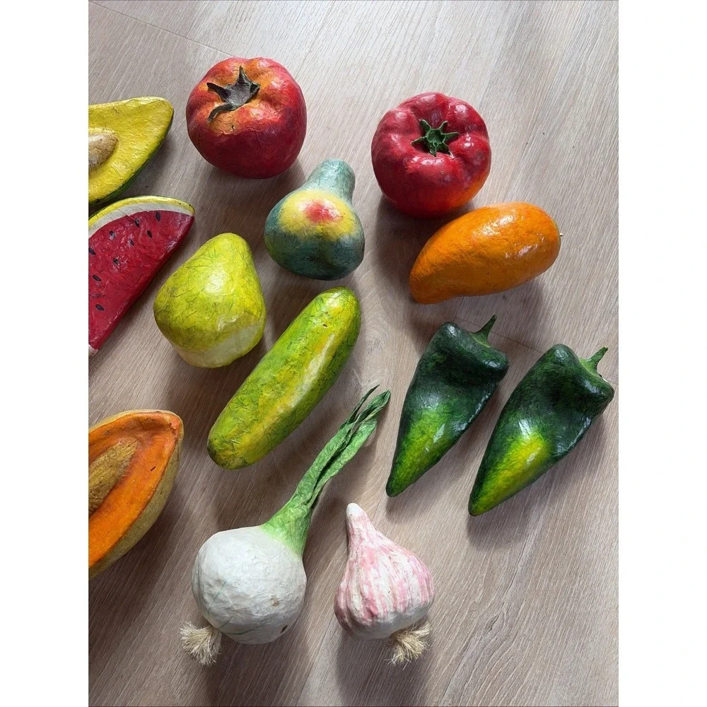 Vintage Paper Mache Fruit‎ And Vegetables Set Of 16 Colorful And Funky + Basket